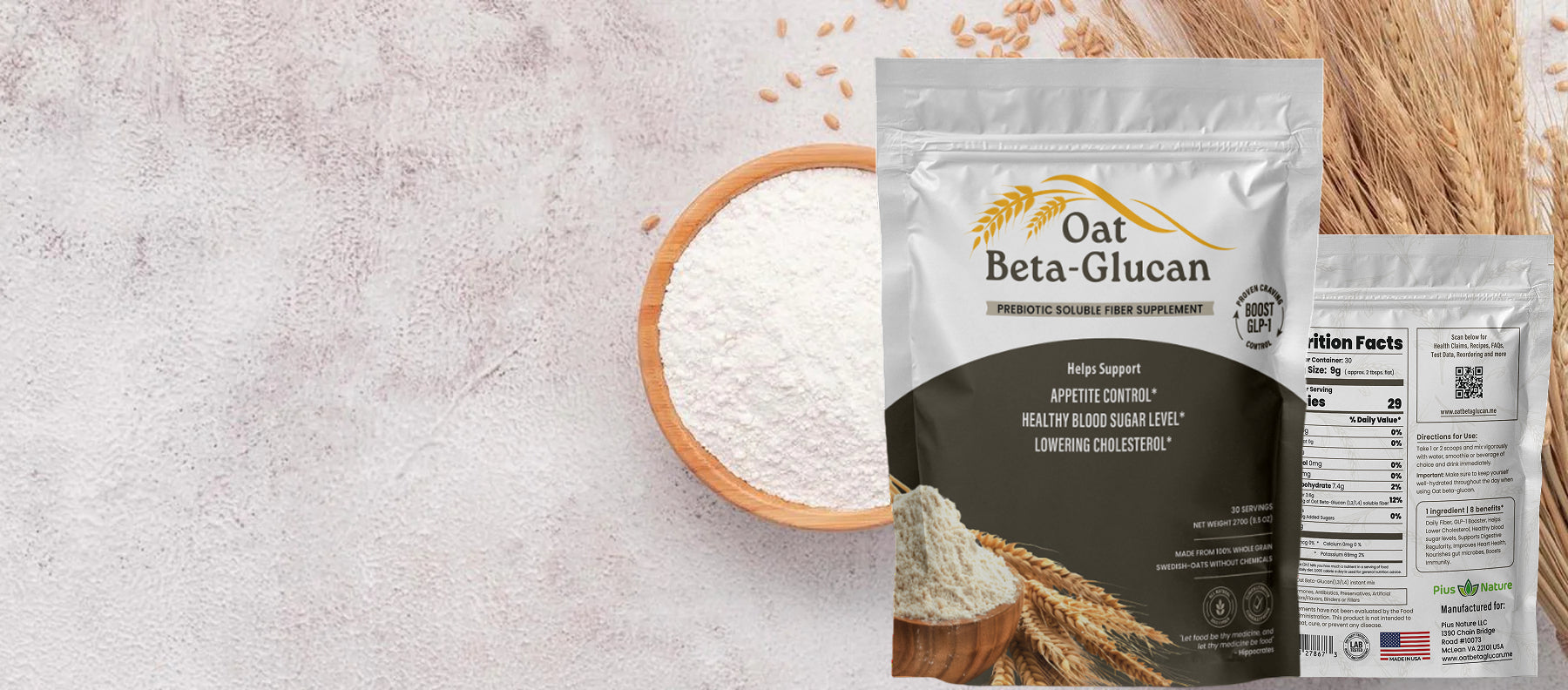 Oat Beta-Glucan supplement package with a bowl of powder on a textured surface